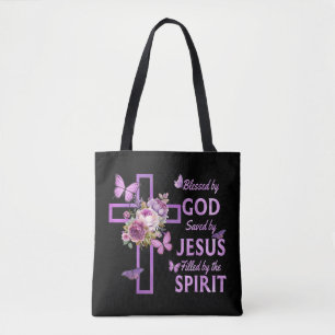 Blessed by God Saved by Jesus Purple Floral Cross  Tote Bag