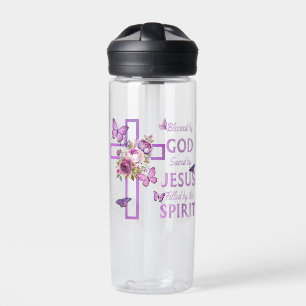 Blessed by God Saved by Jesus Purple Floral Cross Water Bottle