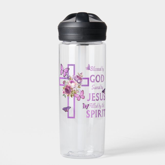 Blessed by God Saved by Jesus Purple Floral Cross  Water Bottle (Front)