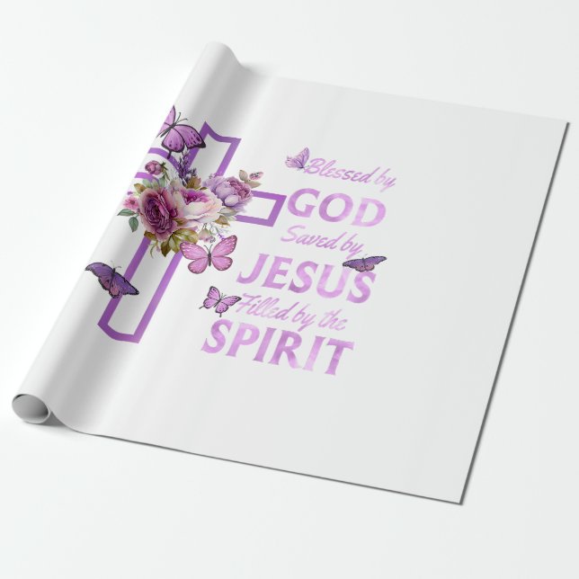 Blessed by God Saved by Jesus Purple Floral Cross  Wrapping Paper (Unrolled)