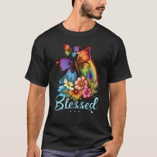 Blessed Christian Butterfly Pretty Floral Rainbow  T-Shirt