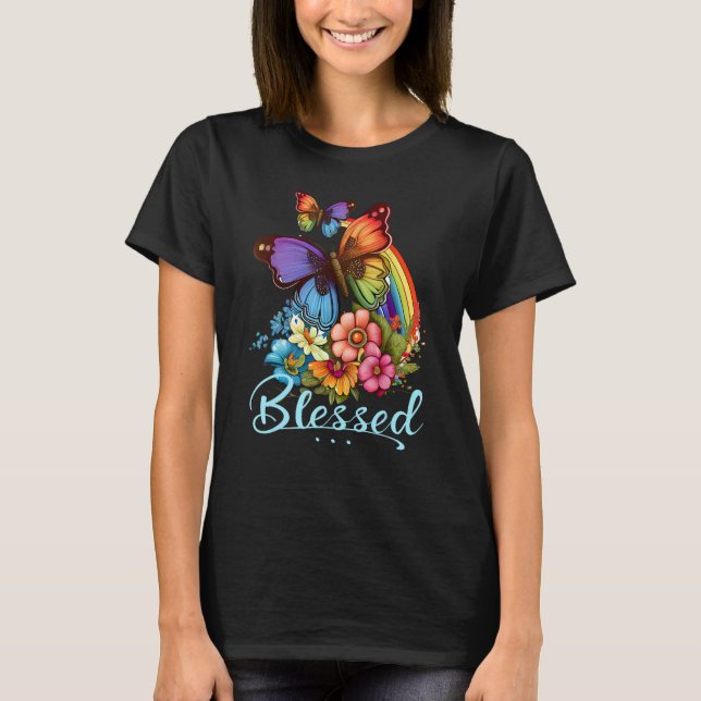 Blessed Christian Butterfly Pretty Floral Rainbow  T-Shirt (Front)