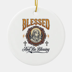 Blessed Christian Vintage Engraving T-Shirt Design Ceramic Tree Decoration