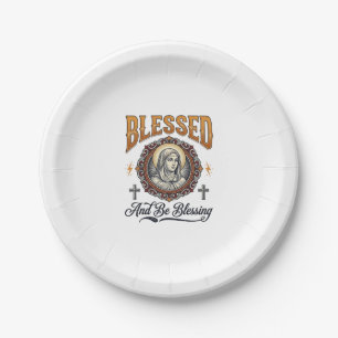 Blessed Christian Vintage Engraving T-Shirt Design Paper Plate