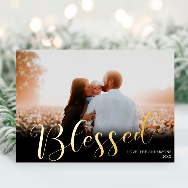 Blessed Christmas Elegant black gold foil photo Holiday Card (Creator Uploaded)