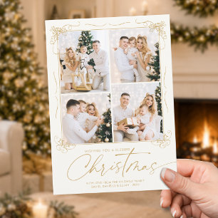 Blessed Christmas Gold Ivory Hand-Drawn 4 Photos Holiday Card
