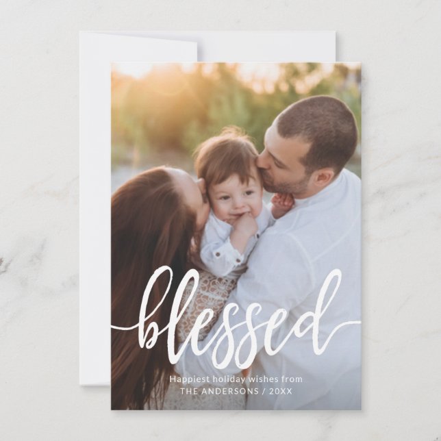Blessed Christmas Holiday Handwritten Script Photo Card (Front)