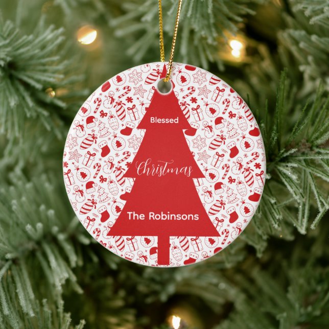 Blessed Christmas Red Christmas Tree Doodle Art Ceramic Tree Decoration (Tree)