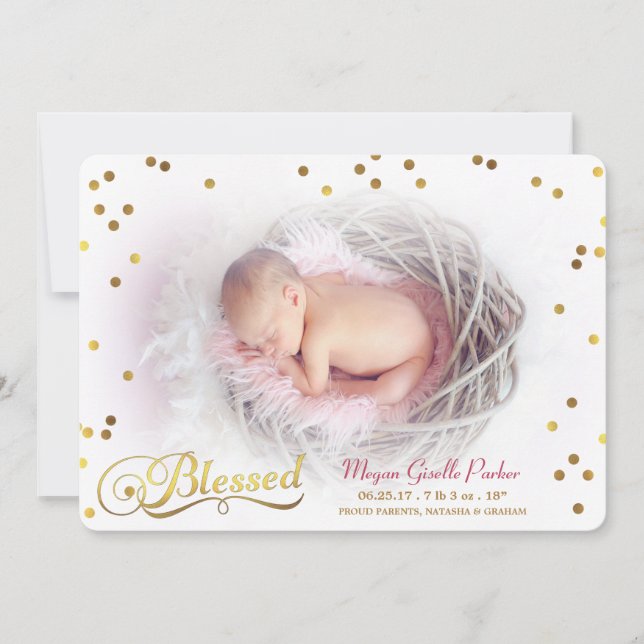 Blessed Confetti Photo Girl Birth Announcement (Front)