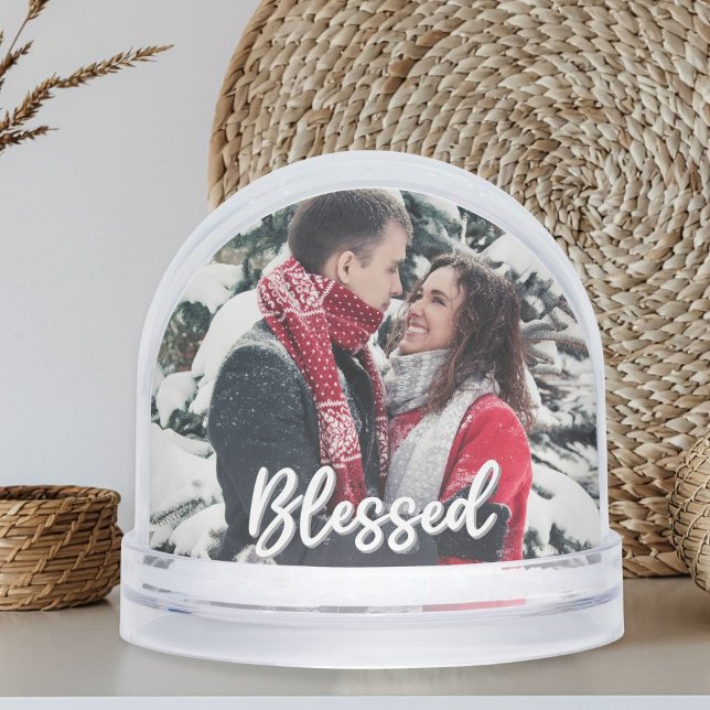 Blessed Couple 2 Sided Photo Modern Script  Snowglobe (custom photo blessed valentines day couple anniversary souvenir keepsake snow globe)