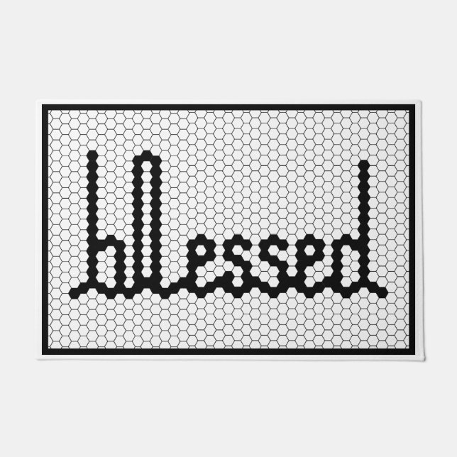 Blessed Cursive Black and White Faux Tile Doormat (Front)