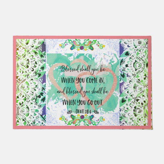 "Blessed" Deuteronomy 28:6  cross heart  lace Doormat (Front)