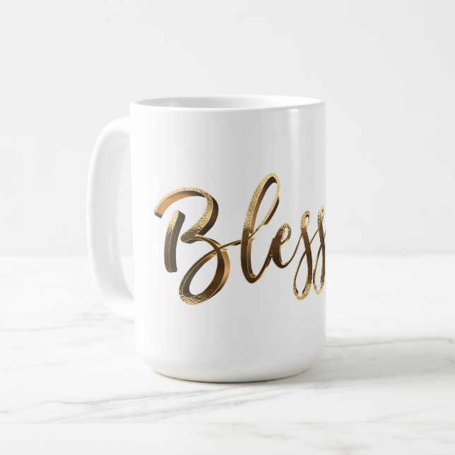 Blessed Elegant Faux Gold Script Inspirational Coffee Mug (Front Left)