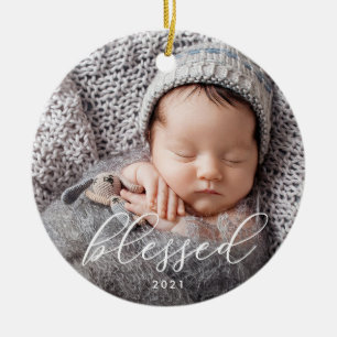 Blessed   Elegant Script Overlay Photo Christmas Ceramic Tree Decoration