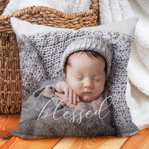 Blessed   Elegant Script Overlay Photo Cushion