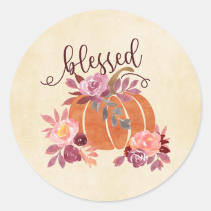 Blessed - Fall Pumpkin with Pink Flowers Classic Round Sticker