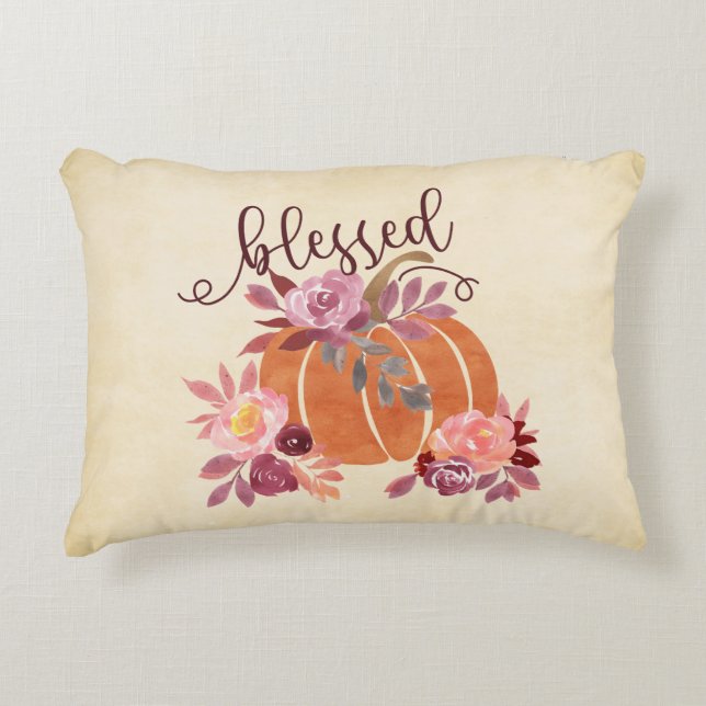 Blessed - Fall Pumpkin with Pink Flowers Decorative Cushion (Front)
