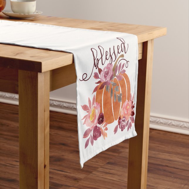 Blessed - Fall Pumpkin with Pink Flowers Short Table Runner (In Situ)