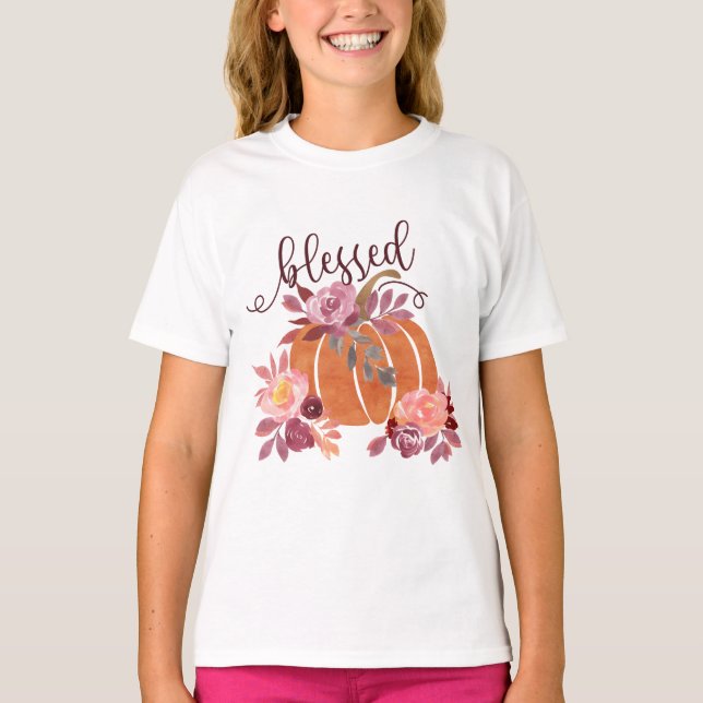 Blessed - Fall Pumpkin with Pink Flowers T-Shirt (Front)