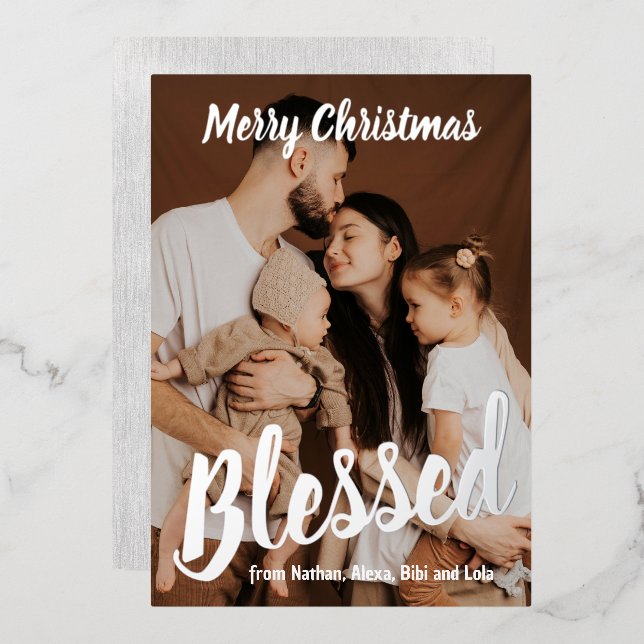 Blessed Family Photo Real Foil Holiday Card (Front/Back)