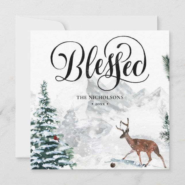 Blessed Festive Black Script Winter Snow Scenery  Holiday Card (Front)