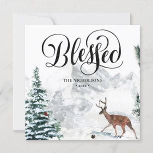 Blessed Festive Black Script Winter Snow Scenery  Holiday Card