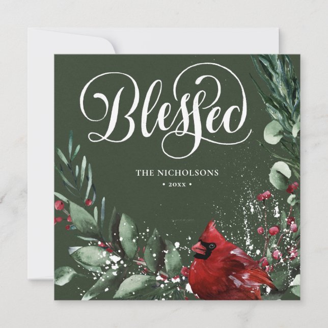 Blessed Festive Green Script Red Berry Pine Bough Holiday Card (Front)