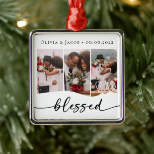 Blessed First Christmas Wedding Photo Metal Tree Decoration
