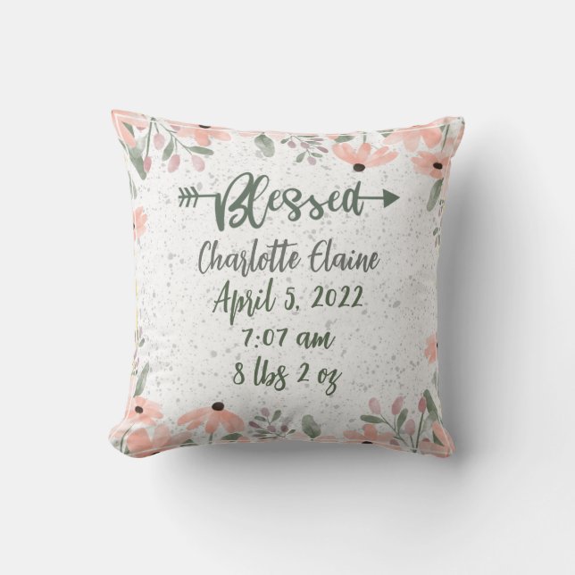 Blessed Floral Birth Stats Cushion (Front)