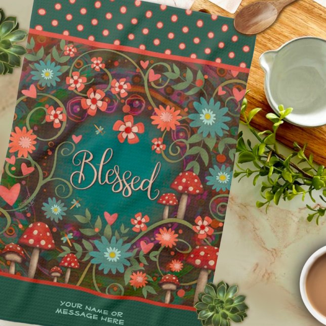 Blessed Floral Hearts Mushrooms Fun Quote Name  Tea Towel (Creator Uploaded)