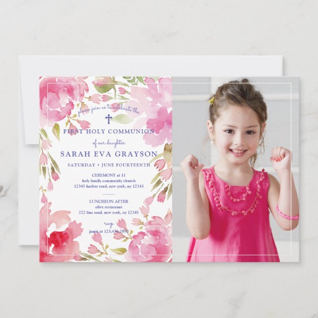Blessed Foliage First Holy Communion Photo Invitation (Front)