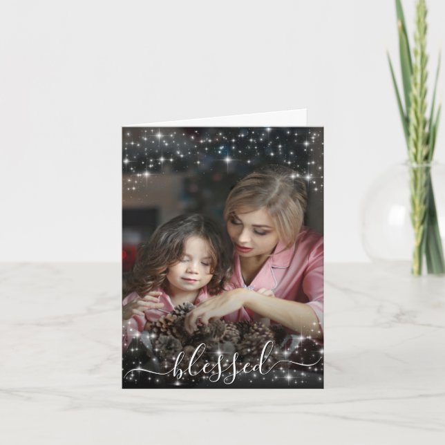 Blessed. Full Frame Photo with Festive Sparkles Holiday Card (Front)