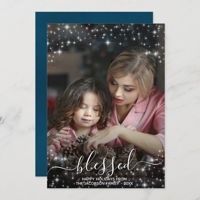 Blessed Full Photo with Sparkles Blue Christmas Holiday Card (Front/Back)