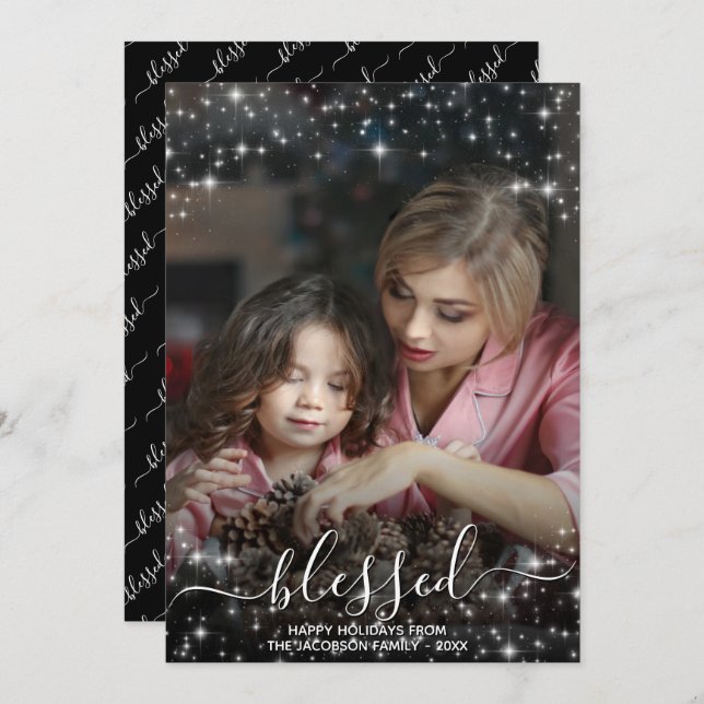 Blessed Full Photo with Sparkles Christmas Holiday Card (Front/Back)