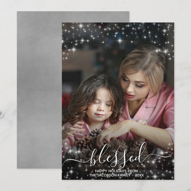 Blessed Full Photo with Sparkles Gray Christmas Holiday Card (Front/Back)