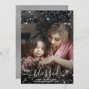 Blessed Full Photo with Sparkles Gray Christmas Holiday Card
