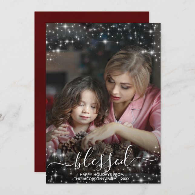 Blessed Full Photo with Sparkles Red Christmas Holiday Card (Front/Back)