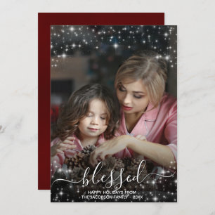 Blessed Full Photo with Sparkles Red Christmas Holiday Card