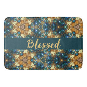 Blessed geometric design blue brown gold bath mat