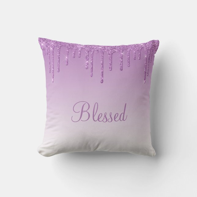 Blessed Glitter Drip Girly Bling Typography Ombré Cushion (Front)