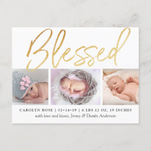 "Blessed" Gold Foil 3 Photo Birth Announcement
