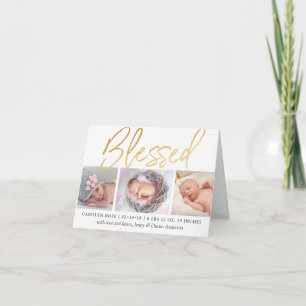 "Blessed" Gold Foil 3 Photo Birth Announcement
