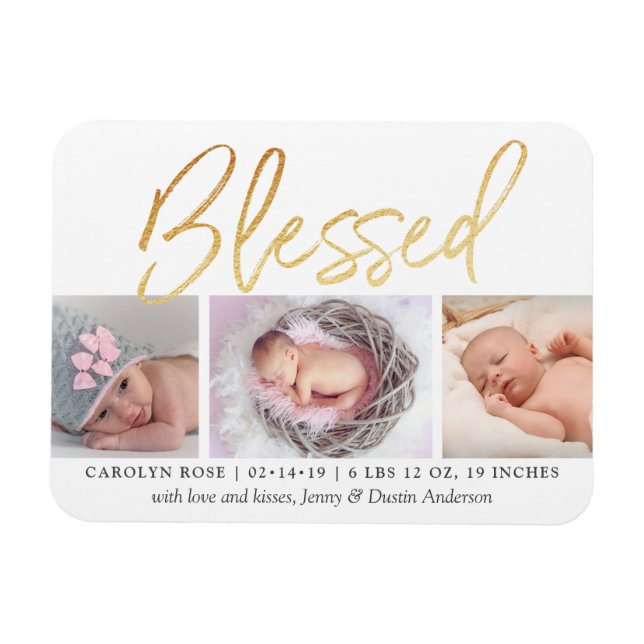 "Blessed" Gold Foil 3 Photo Birth Announcement Magnet (Horizontal)