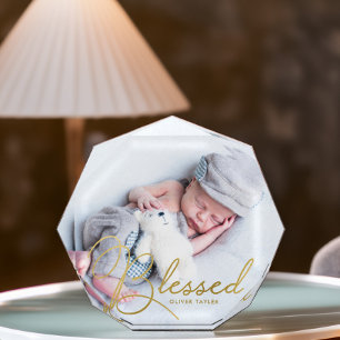 "Blessed" Gold Foil Effect Baby Personalised Photo Block