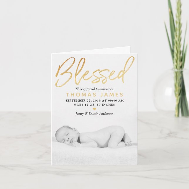 "Blessed" Gold Foil Photo Birth Announcement (Front)