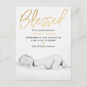 "Blessed" Gold Foil Photo Birth Announcement