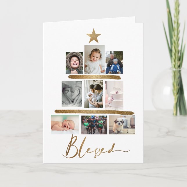 Blessed Gold Script Christmas Tree Photo Collage Holiday Card (Front)