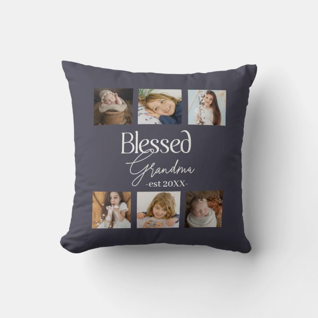 Blessed Grandma est Date with 6 photo collage Cushion (Front)
