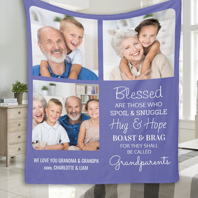 Blessed Grandparents Custom Modern Purple 3 Photo Fleece Blanket (Creator Uploaded)