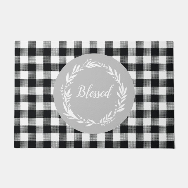 Blessed Grey Buffalo Check Pattern Autumn Doormat (Front)